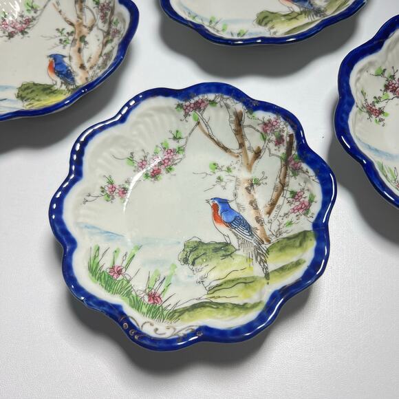 Vintage 20s Set 4 Seto Japanese Cobalt Blue Handpainted Bird Porcelain Dishes - Picture 11 of 11